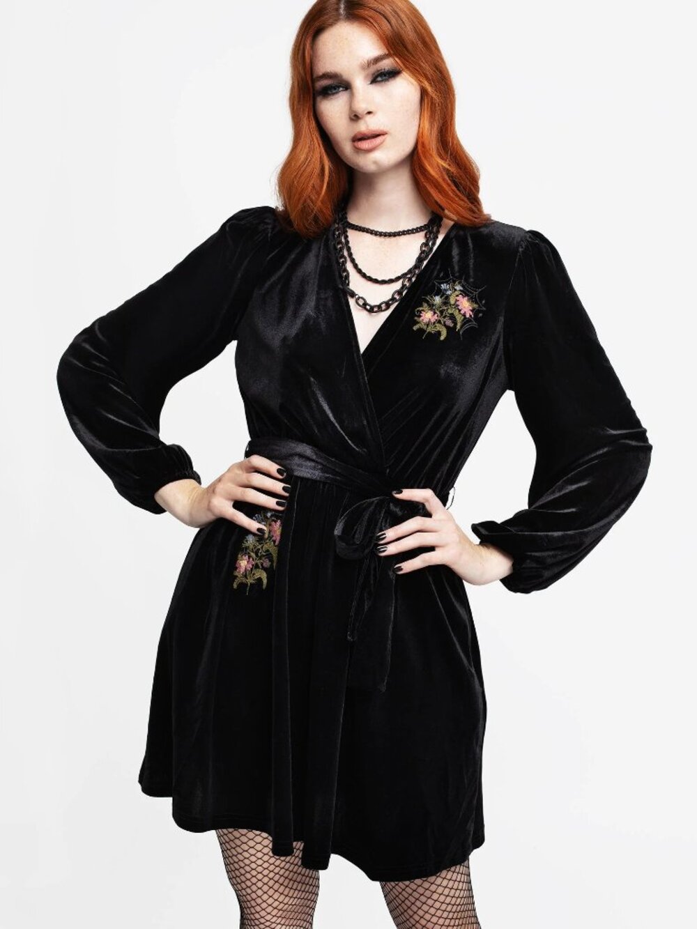 Goth Velvet Cleome Floral Spiderweb Embroidered Velour Faux Wrap Belted Dress
